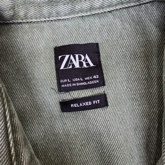 Zara Denim Distressed Overshirt Mens Large Green Relaxed Fit Snap Shirt Jacket - Picture 5 of 14
